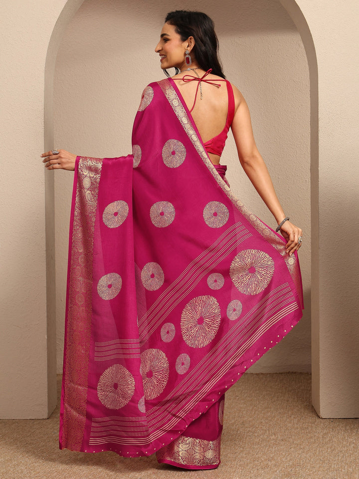 Pink Geometric Printed Silk Blend Saree With Unstitched Blouse Piece