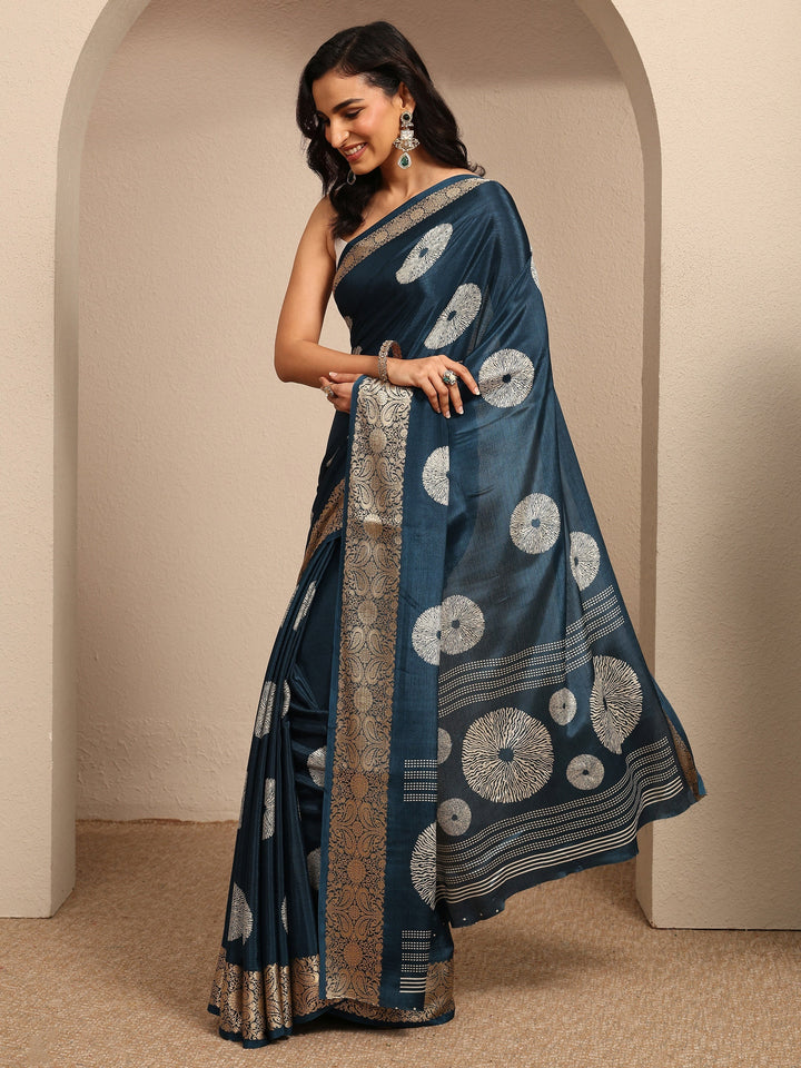 Navy Blue Geometric Printed Silk Blend Saree With Unstitched Blouse Piece