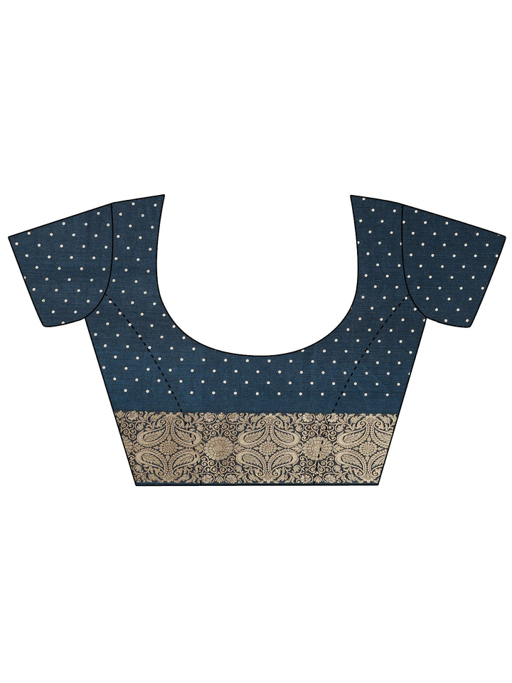 Navy Blue Geometric Printed Silk Blend Saree With Unstitched Blouse Piece