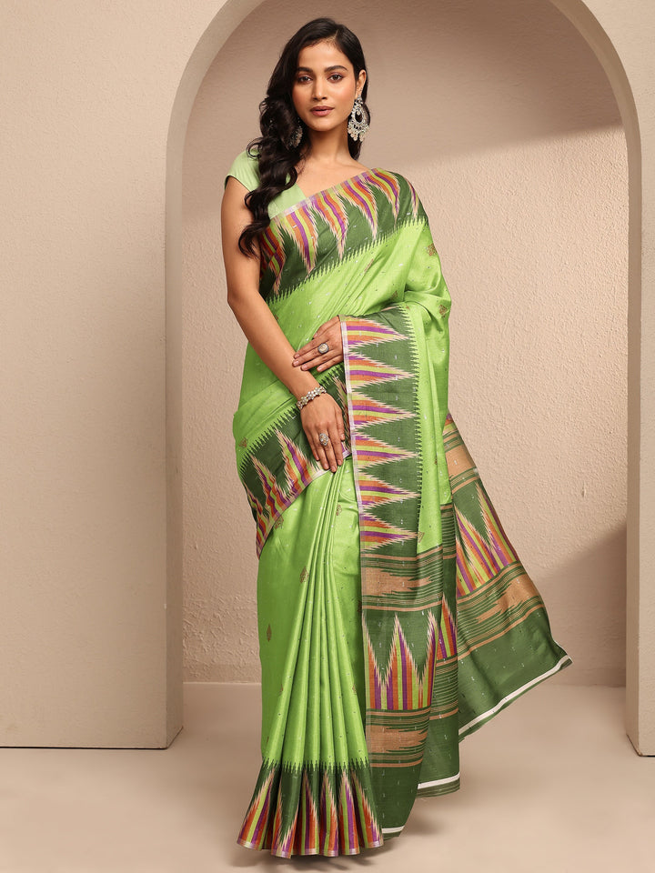 Green Ikat Printed Silk Blend Saree With Unstitched Blouse Piece
