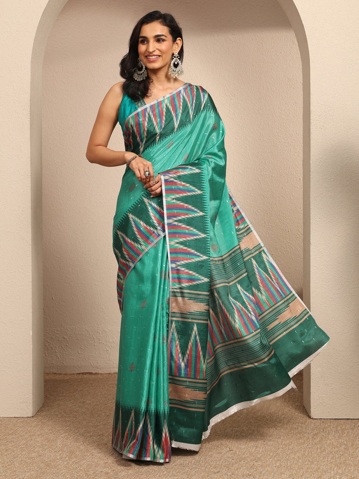 Green Printed Silk Blend Saree With Unstitched Blouse Piece