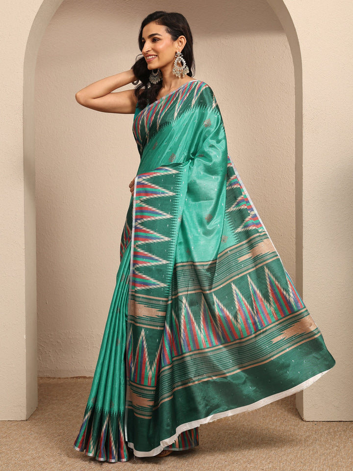 Green Printed Silk Blend Saree With Unstitched Blouse Piece