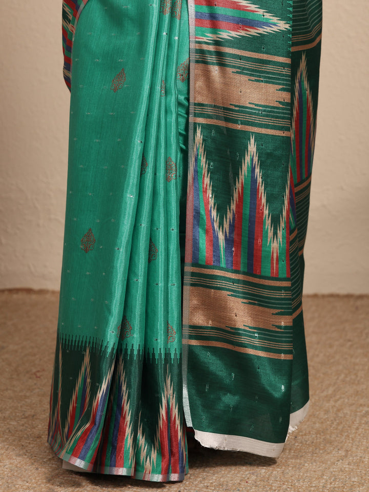 Green Printed Silk Blend Saree With Unstitched Blouse Piece