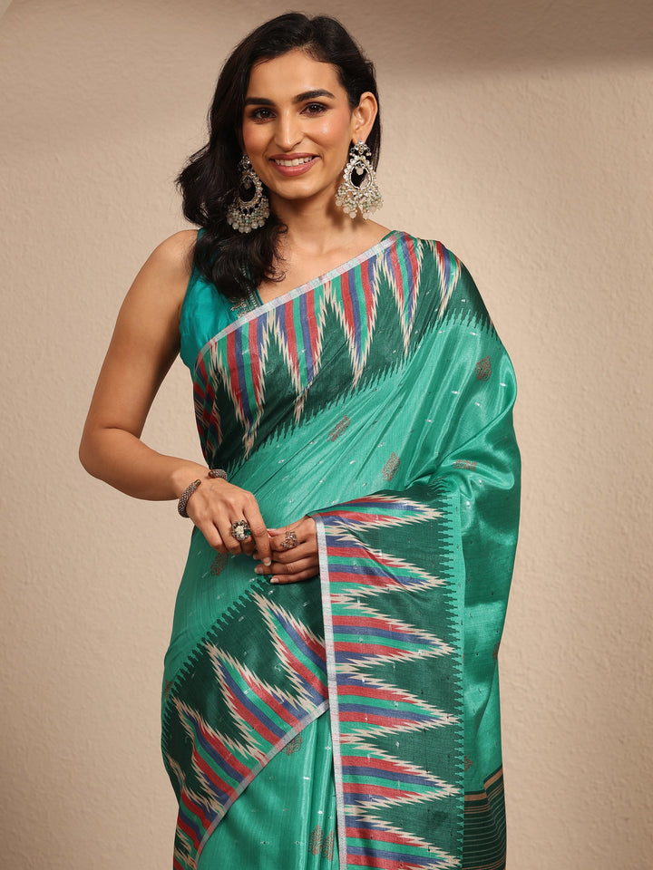 Green Printed Silk Blend Saree With Unstitched Blouse Piece