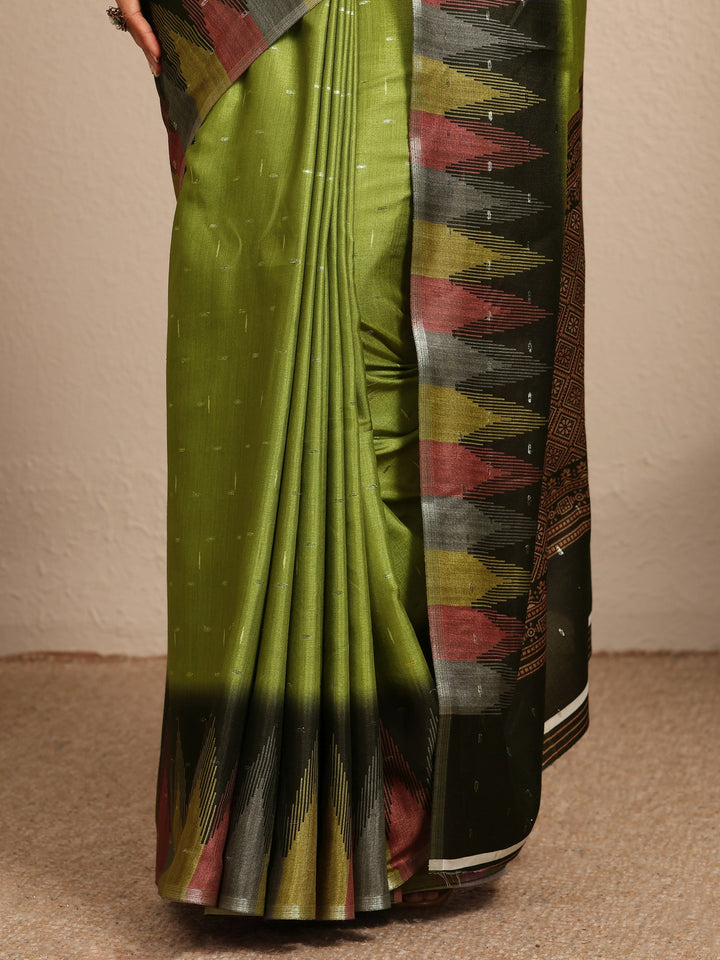 Olive Woven Design Silk Blend Saree With Unstitched Blouse Piece