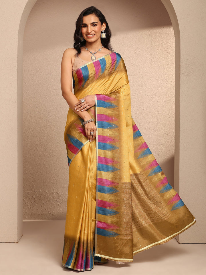 Mustard Woven Design Silk Blend Saree With Unstitched Blouse Piece