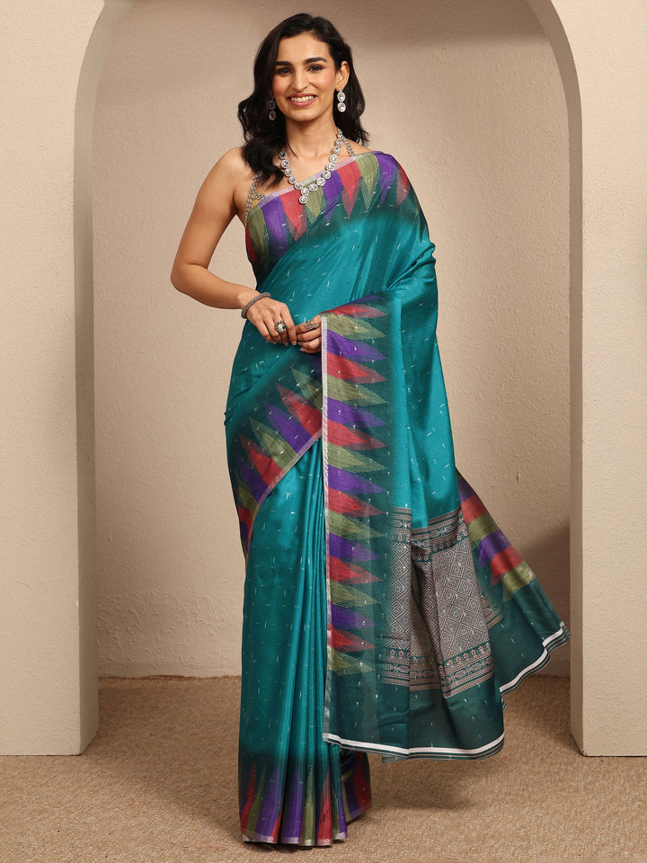 Blue Woven Design Silk Blend Saree With Unstitched Blouse Piece