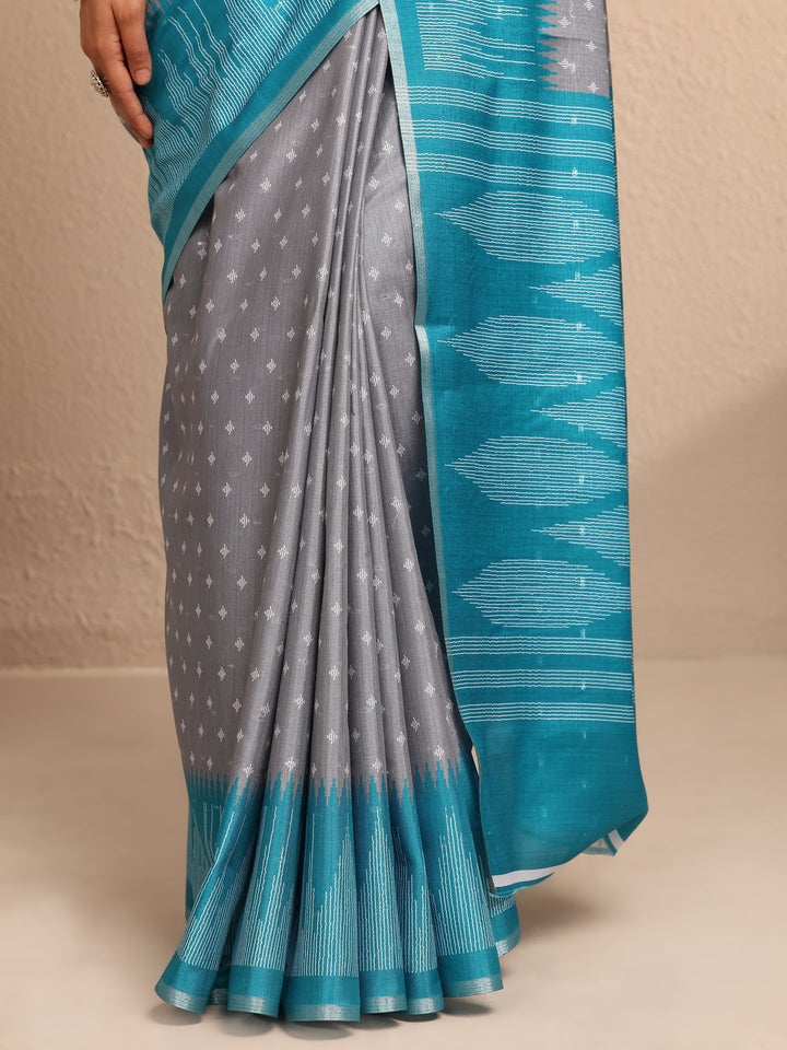 Grey Ikat Woven Design Silk Blend Saree With Unstitched Blouse Piece