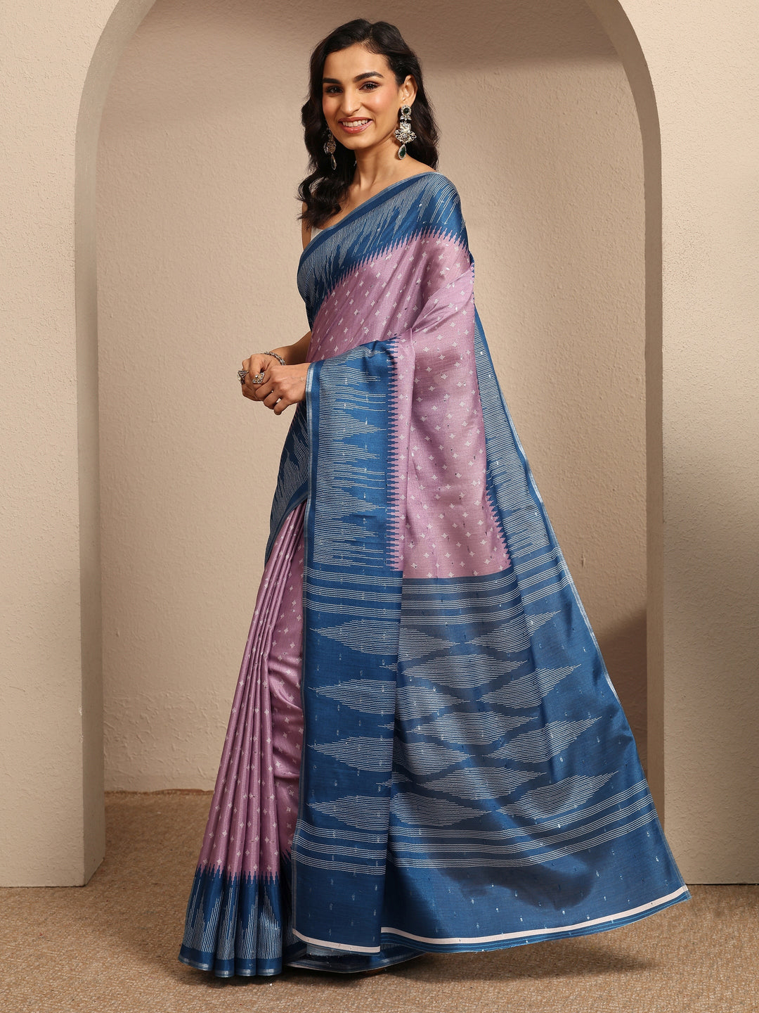 Lavender Ikat Woven Design Silk Blend Saree With Unstitched Blouse Piece
