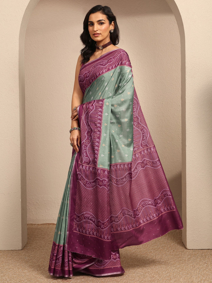 Green Printed Silk Blend Saree With Unstitched Blouse Piece