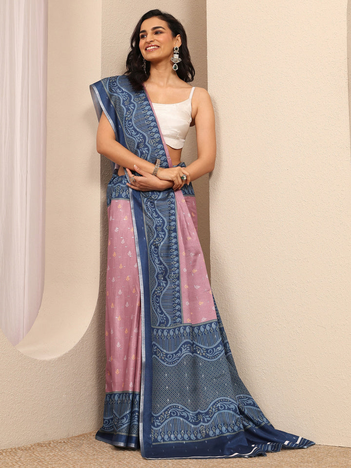 Mauve Printed Silk Blend Saree With Unstitched Blouse Piece