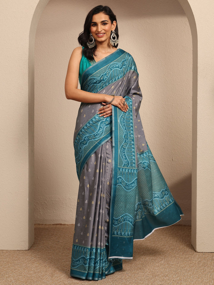 Grey Ikat Printed Silk Blend Saree With Unstitched Blouse Piece