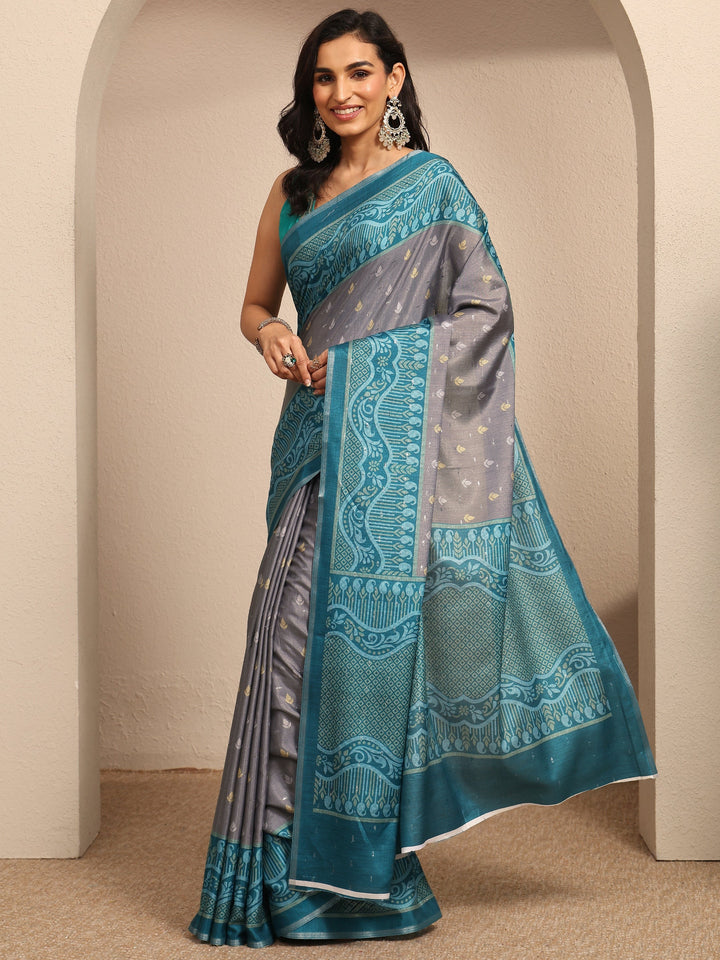 Grey Ikat Printed Silk Blend Saree With Unstitched Blouse Piece