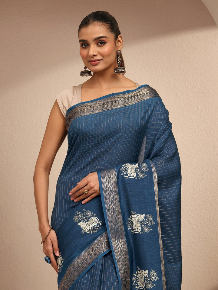 Blue Embellished Silk Blend Saree With Unstitched Blouse Piece