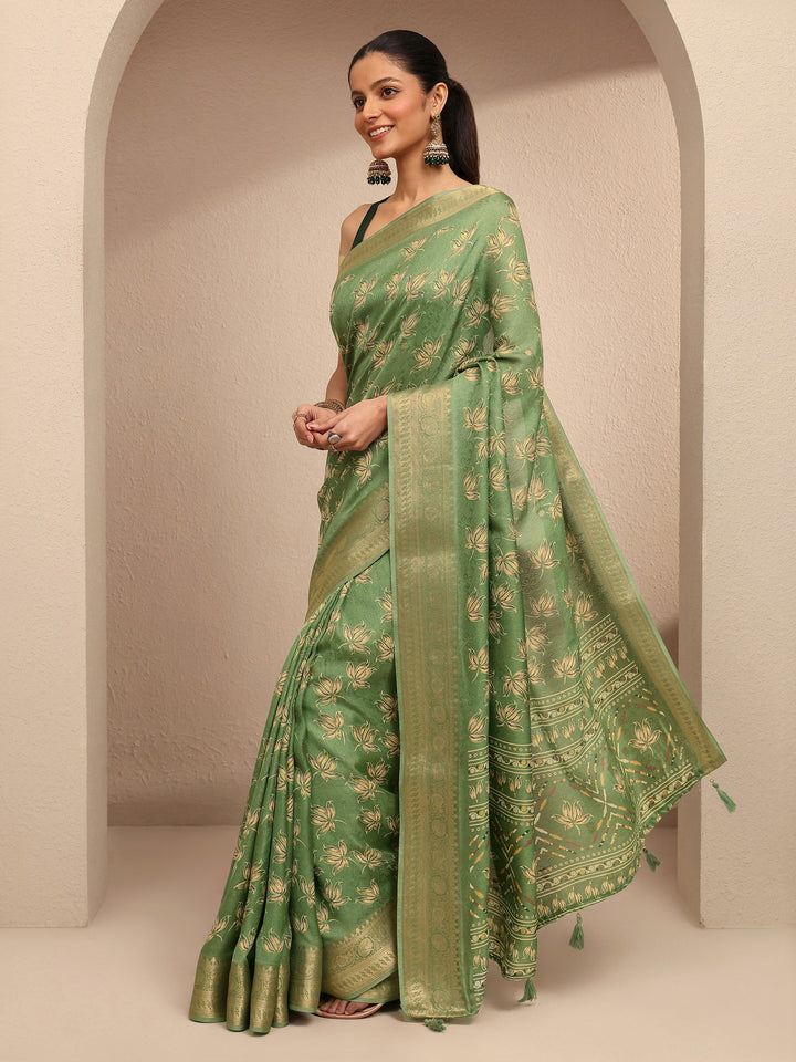 Green Printed Silk Blend Saree With Unstitched Blouse Piece