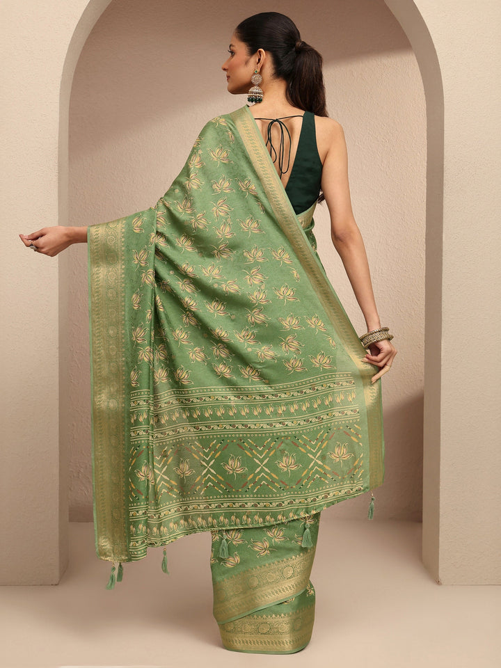 Green Printed Silk Blend Saree With Unstitched Blouse Piece