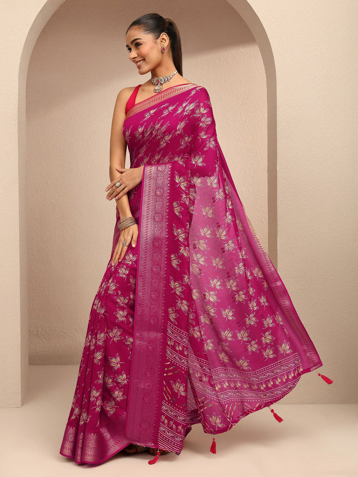 Pink Printed Silk Blend Saree With Unstitched Blouse Piece