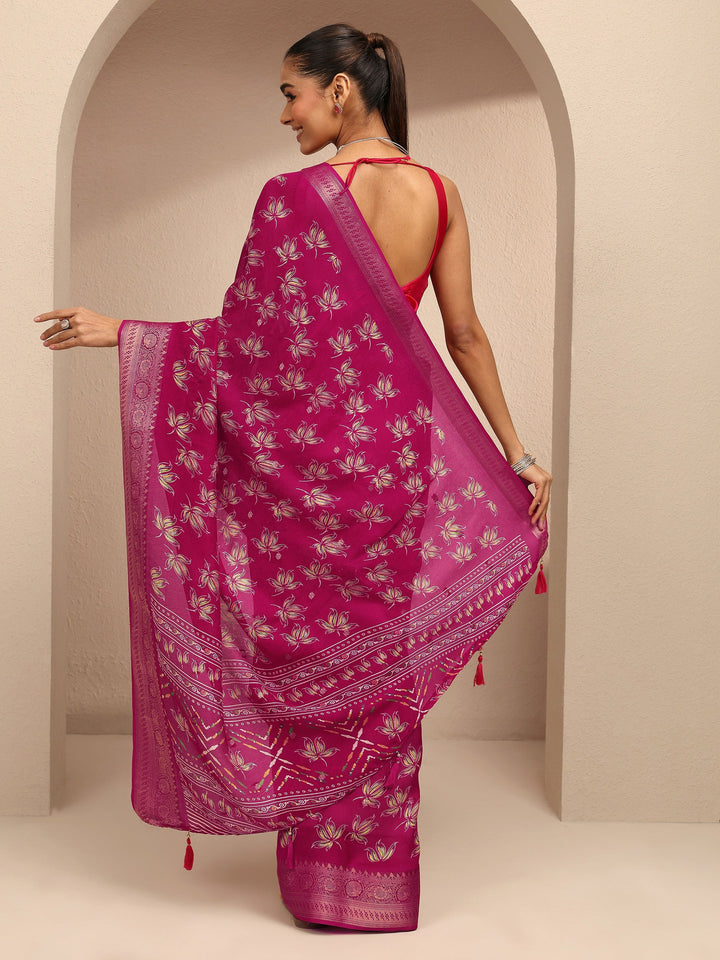 Pink Printed Silk Blend Saree With Unstitched Blouse Piece
