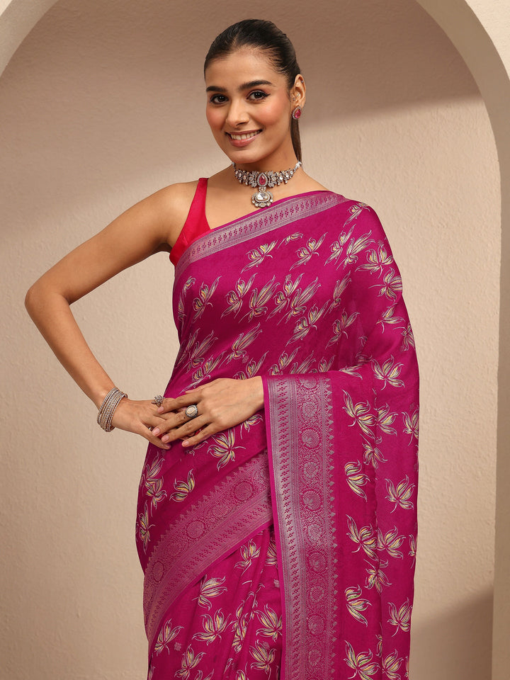 Pink Printed Silk Blend Saree With Unstitched Blouse Piece