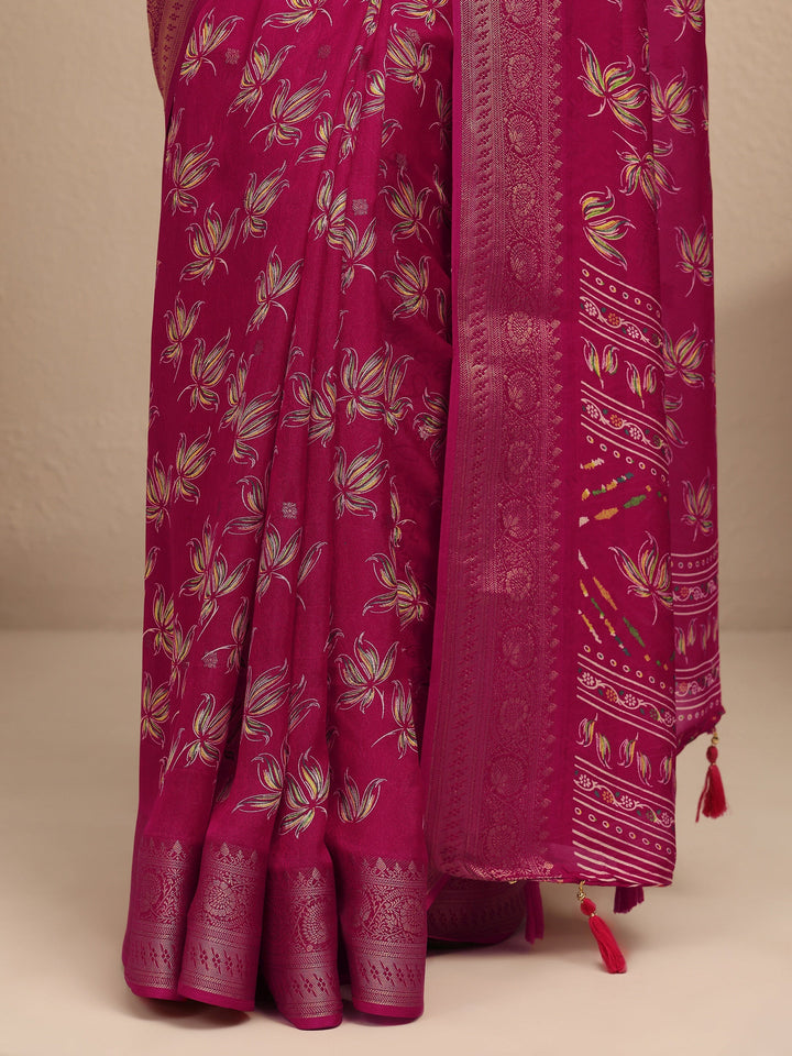 Pink Printed Silk Blend Saree With Unstitched Blouse Piece