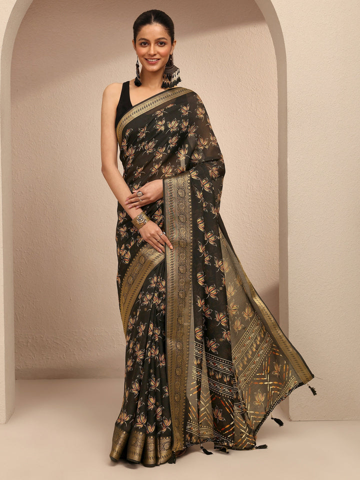 Black Printed Silk Blend Saree With Unstitched Blouse Piece