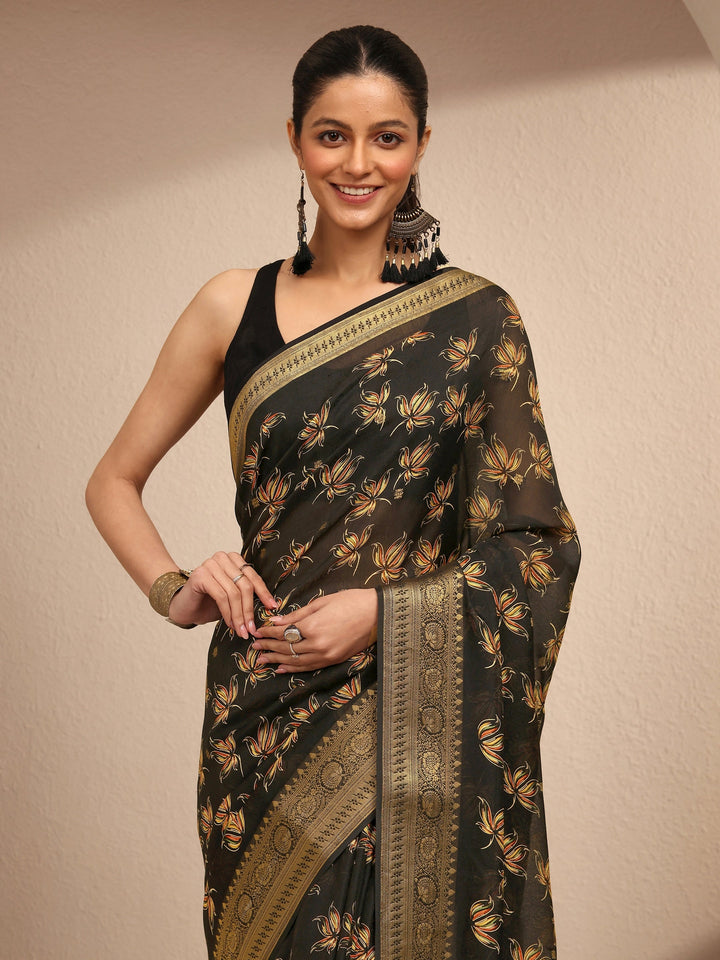 Black Printed Silk Blend Saree With Unstitched Blouse Piece