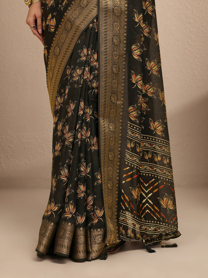 Black Printed Silk Blend Saree With Unstitched Blouse Piece