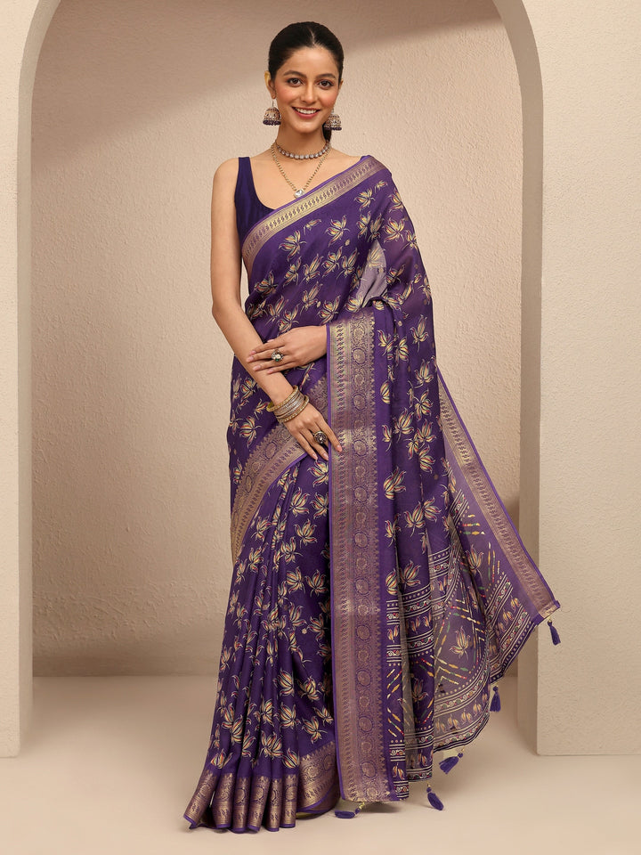 Purple Printed Silk Blend Saree With Unstitched Blouse Piece
