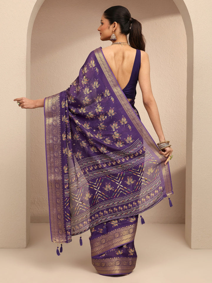Purple Printed Silk Blend Saree With Unstitched Blouse Piece