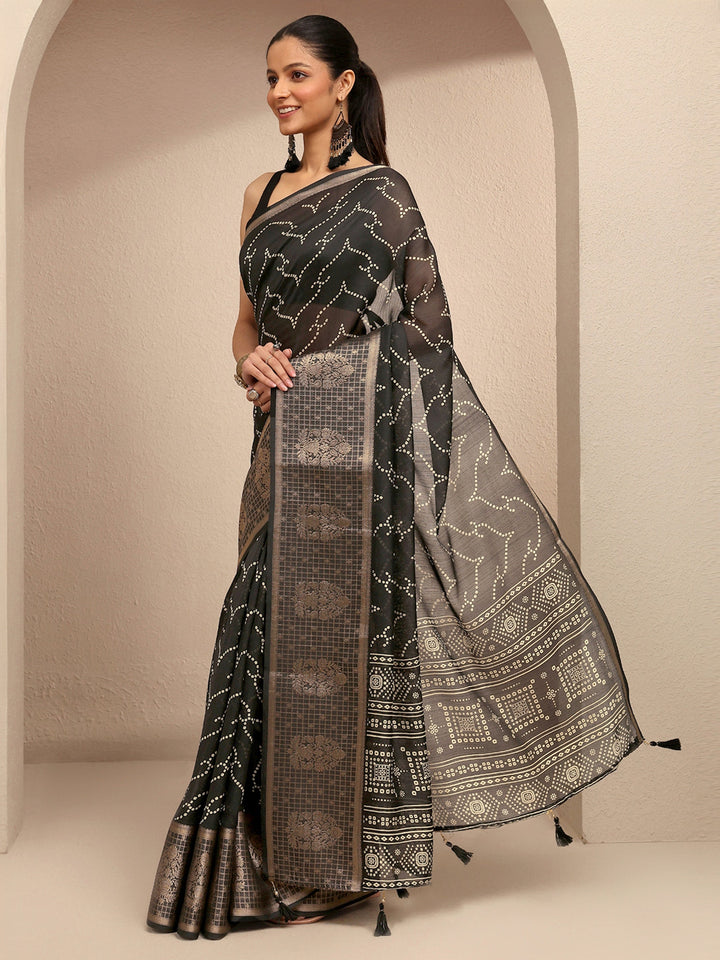 Black Bandhani Printed Silk Blend Saree With Unstitched Blouse Piece