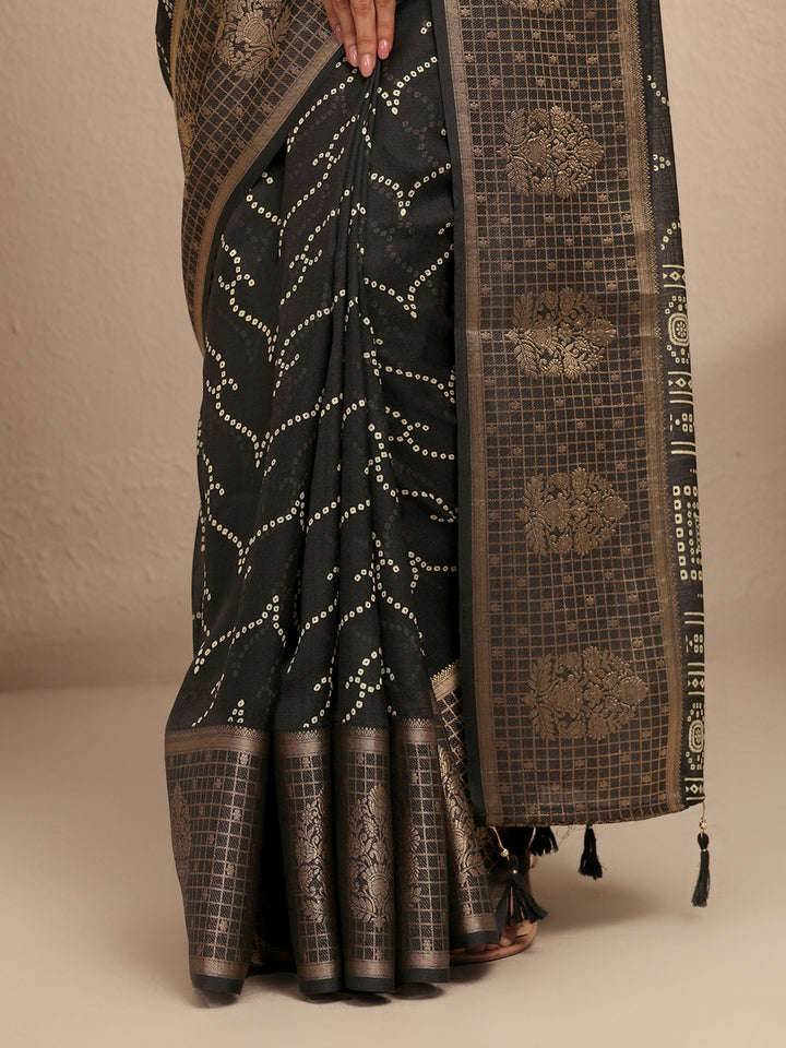 Black Bandhani Printed Silk Blend Saree With Unstitched Blouse Piece
