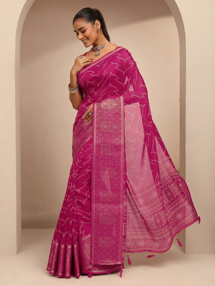 Pink Bandhani Printed Silk Blend Saree With Unstitched Blouse Piece