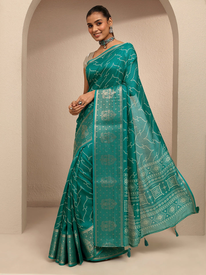 Blue Bandhani Printed Silk Blend Saree With Unstitched Blouse Piece