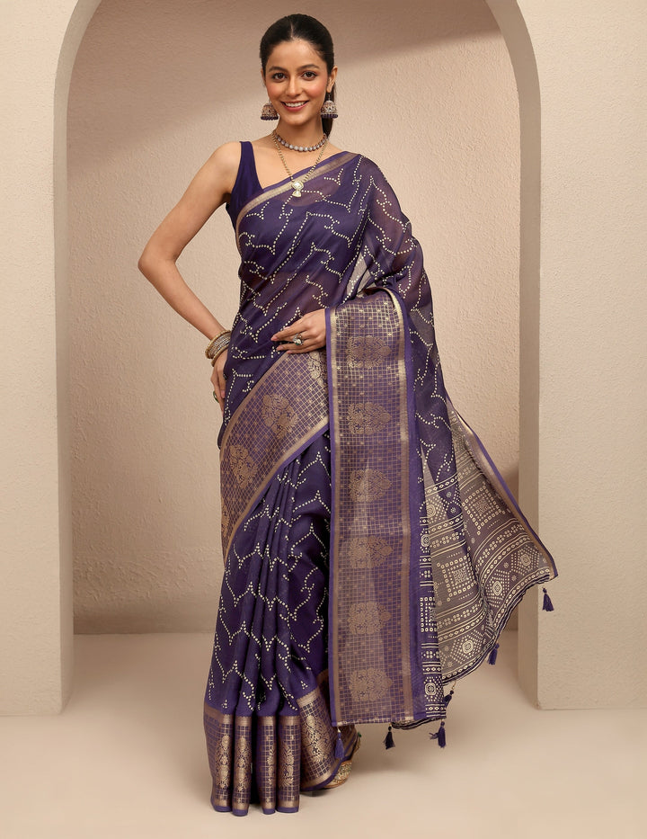 Purple Bandhani Printed Silk Blend Saree With Unstitched Blouse Piece