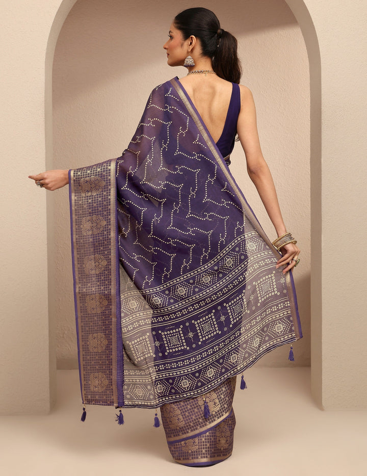 Purple Bandhani Printed Silk Blend Saree With Unstitched Blouse Piece