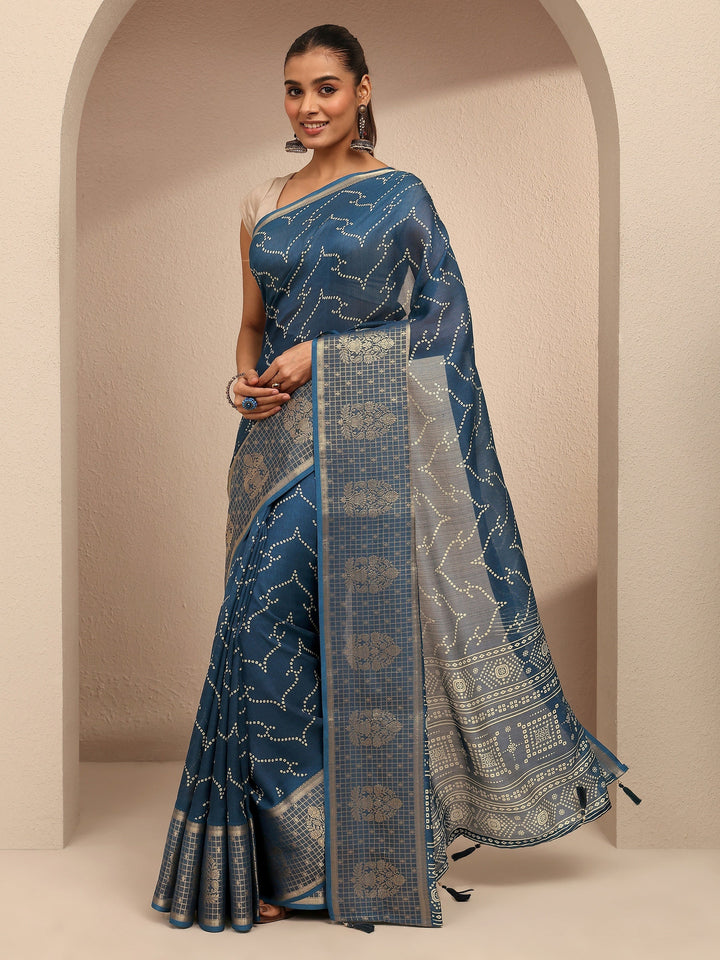 Navy Blue Bandhani Printed Silk Blend Saree With Unstitched Blouse Piece