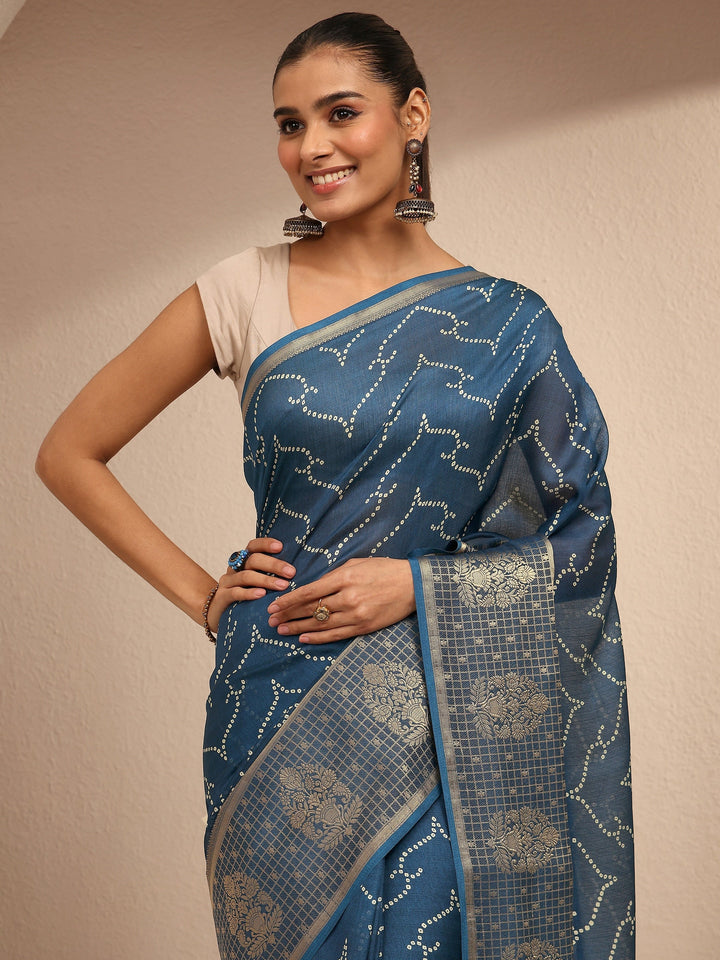 Navy Blue Bandhani Printed Silk Blend Saree With Unstitched Blouse Piece