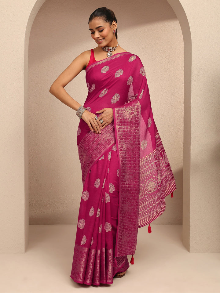 Pink Printed Silk Blend Saree With Unstitched Blouse Piece