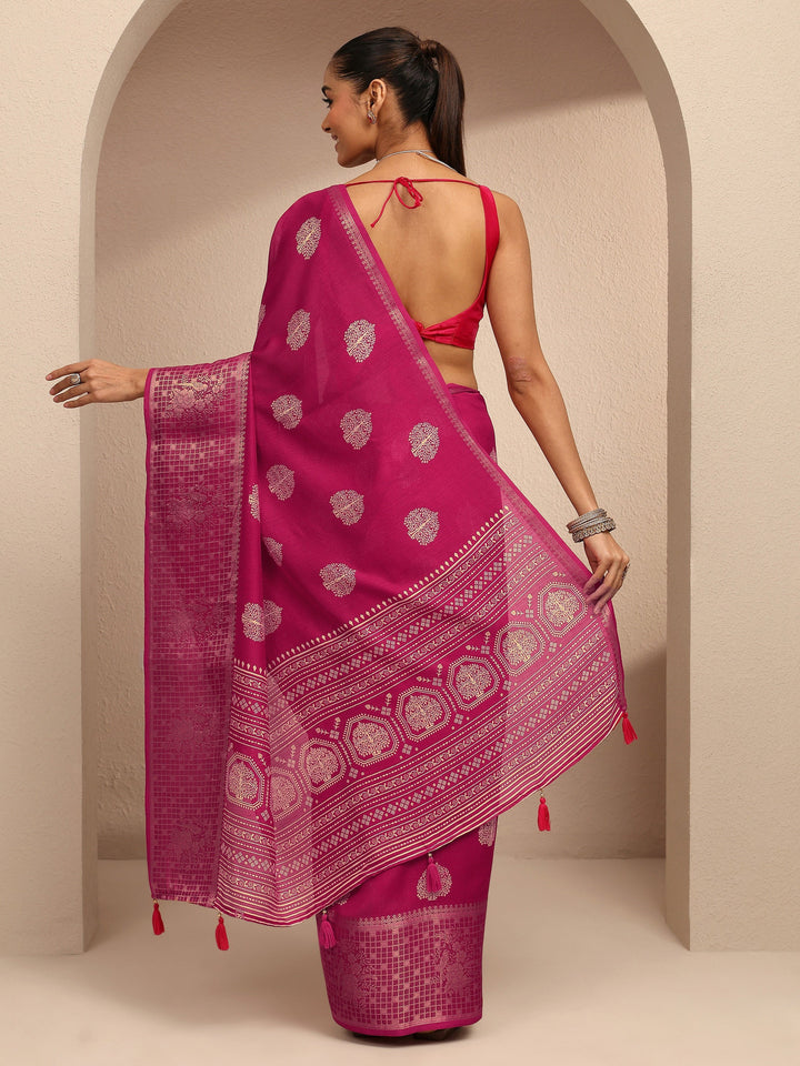 Pink Printed Silk Blend Saree With Unstitched Blouse Piece