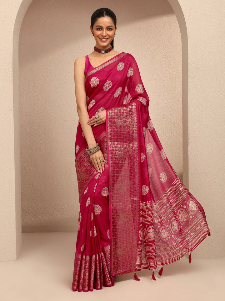 Red Printed Silk Blend Saree With Unstitched Blouse Piece
