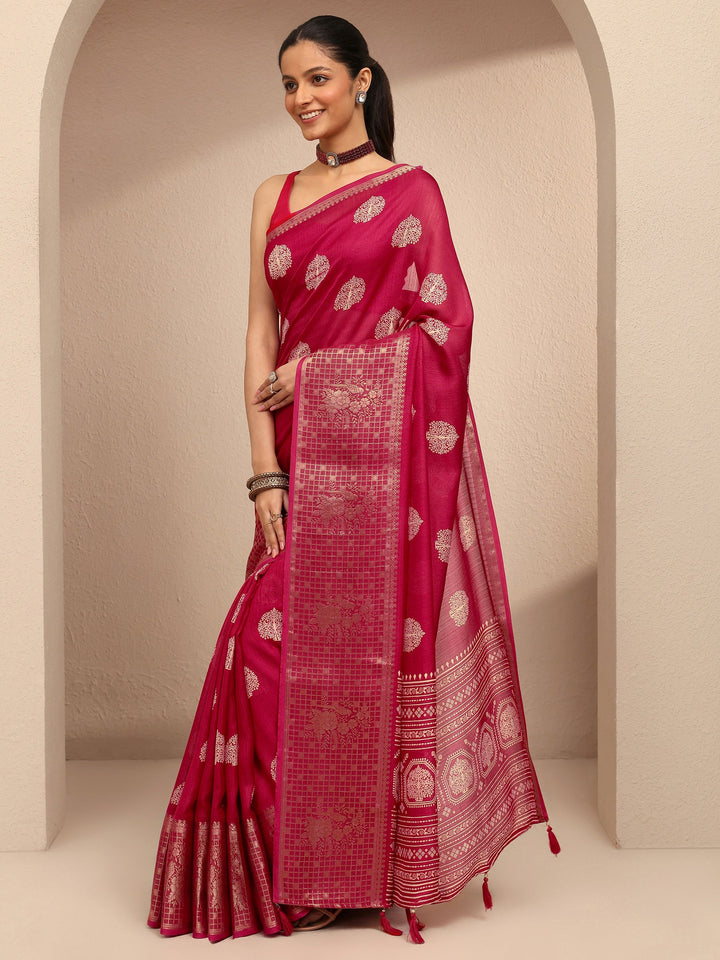 Red Printed Silk Blend Saree With Unstitched Blouse Piece
