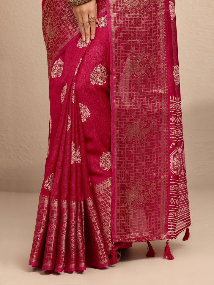 Red Printed Silk Blend Saree With Unstitched Blouse Piece