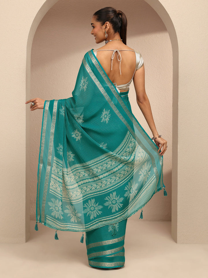 Green Printed Silk Blend Saree With Unstitched Blouse Piece