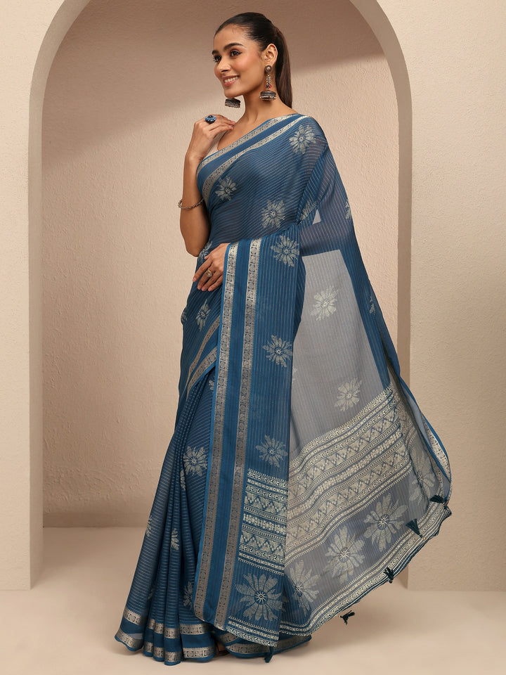 Blue Printed Silk Blend Saree With Unstitched Blouse Piece