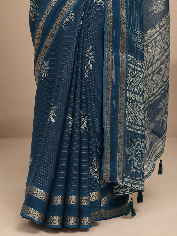Blue Printed Silk Blend Saree With Unstitched Blouse Piece