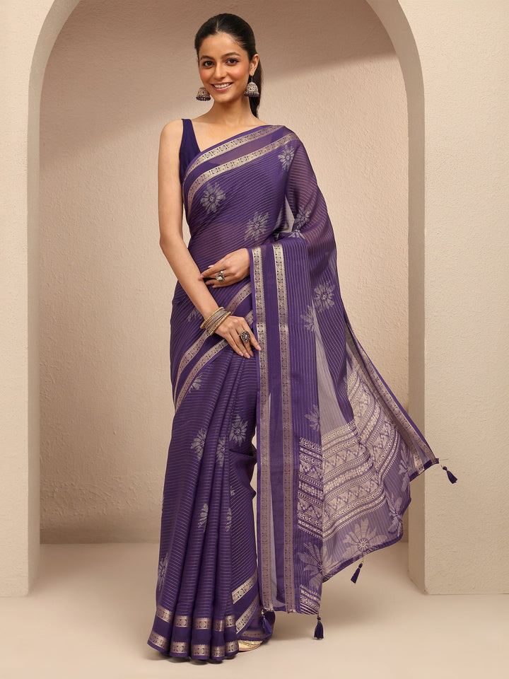 Purple Printed Silk Blend Saree With Unstitched Blouse Piece