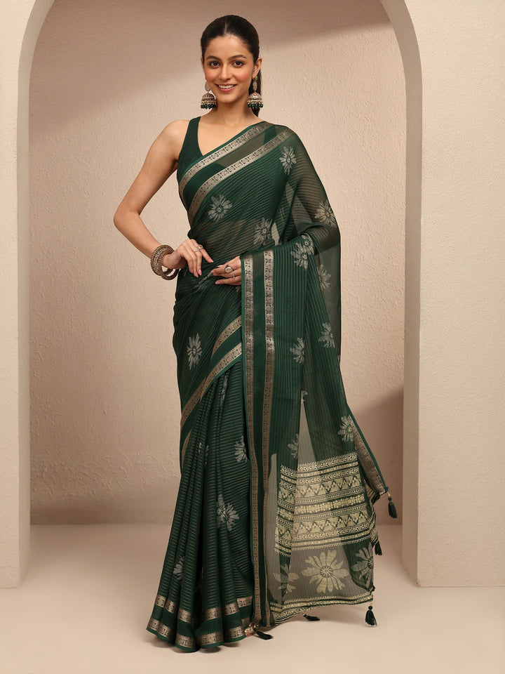 Green Printed Silk Blend Saree With Unstitched Blouse Piece