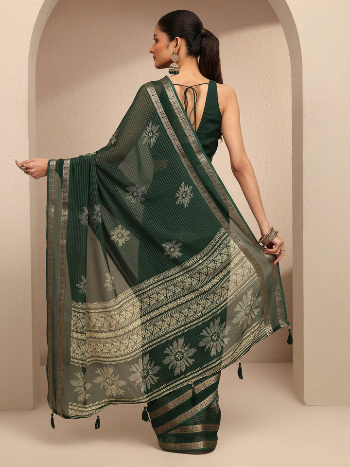 Green Printed Silk Blend Saree With Unstitched Blouse Piece