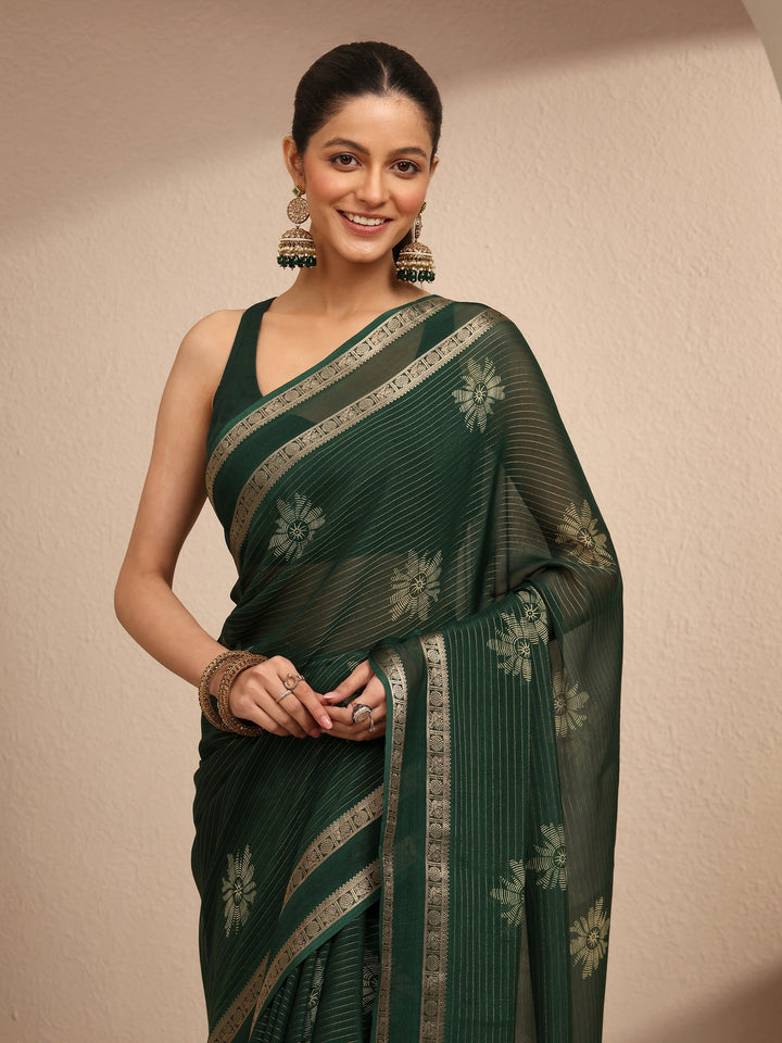 Green Printed Silk Blend Saree With Unstitched Blouse Piece