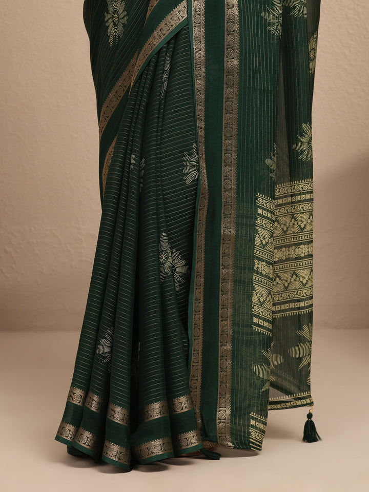 Green Printed Silk Blend Saree With Unstitched Blouse Piece